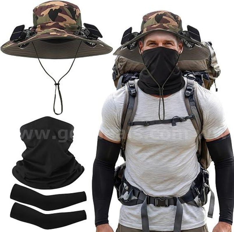 SHIPPING AVAILABLE Lot of 2 Solar Powered Fan Hat Neck Gaiter Arm Sleeves Sun Bucket Hat with Fan Cooling(AA-09)
