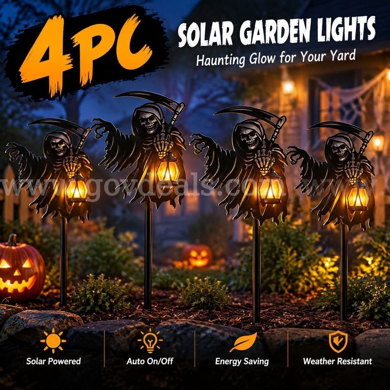 SHIPPING AVAILABLE Lot of 4 Solar Halloween Grim Reaper Yard Stakes with Hanging Lantern Lights (B4-04)