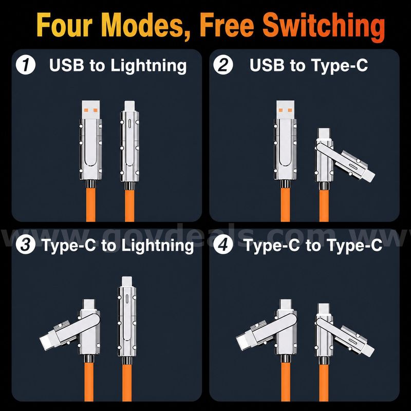 SHIPPING AVAILABLE Lot of 120 New 4-in-1 Fast Charging Cables, 3.4 FT Multi USB Cable with Type-C/Lightning (AA-02)