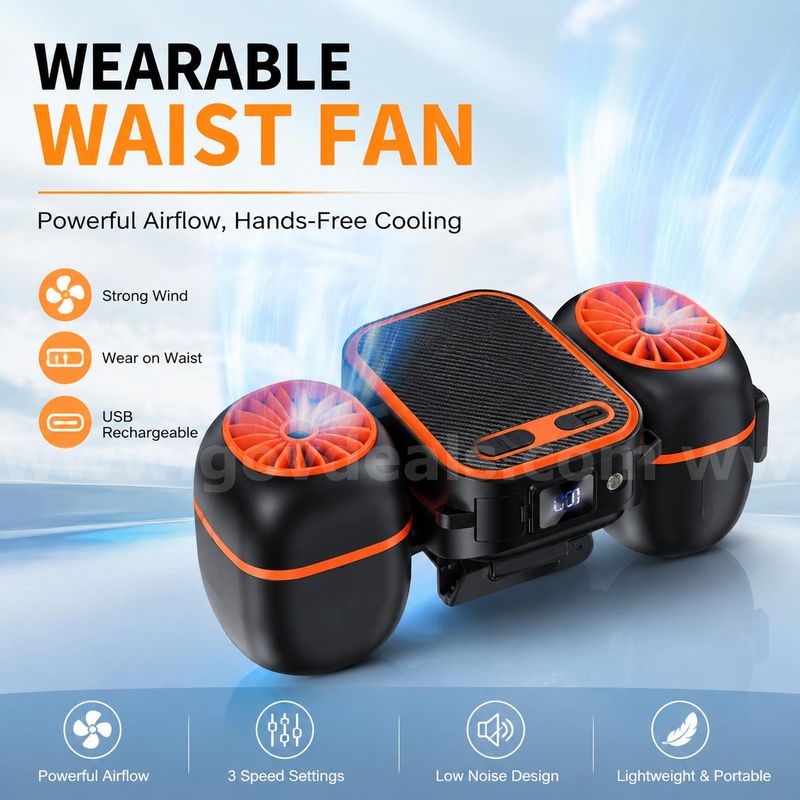 SHIPPING AVAILABLE lot of 20 Portable Waist Fan with Dual Fans, 10000mAh Rechargeable Wearable Belt Clip Fan (AA-03)