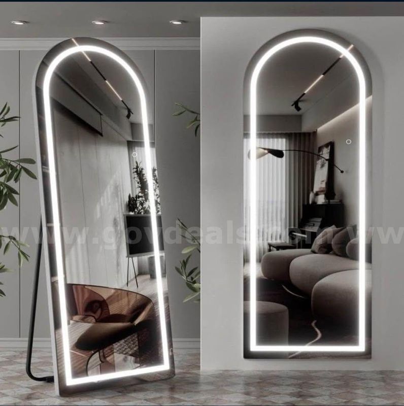 32" x 72" Arched Full Length Mirror with LED Light, Black Metal Frame Floor Body Mirror with Stand