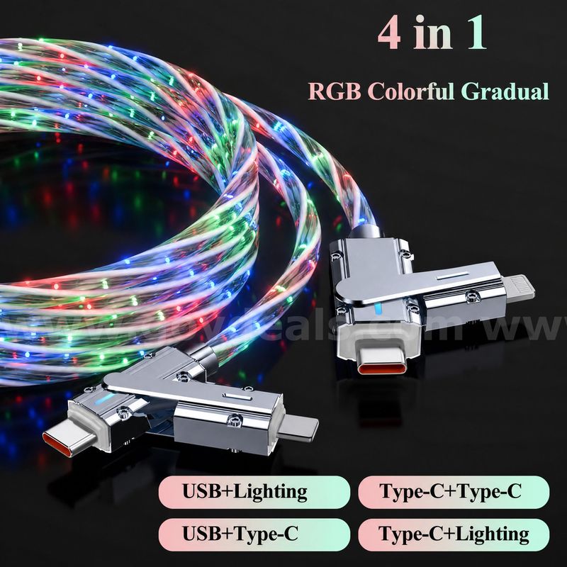 SHIPPING AVAILABLE Lot of 30 New 4-in-1 LED Light Up Fast Charging Cables, 3.3FT RGB Glow Multi USB Cable (AA-05)