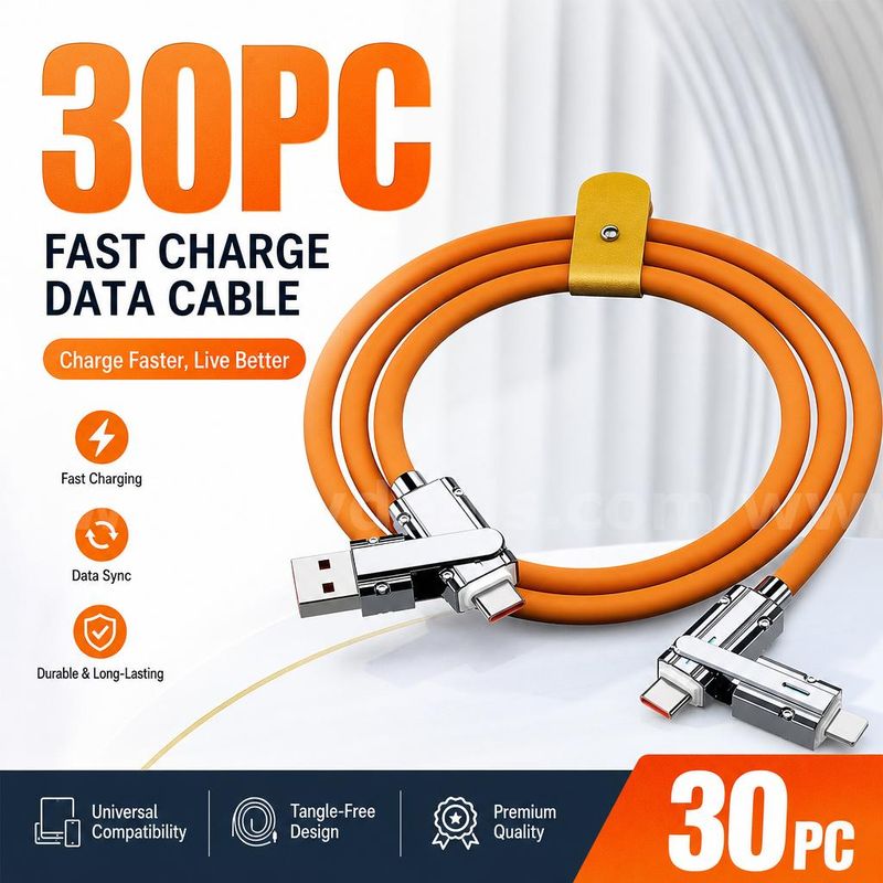 SHIPPING AVAILABLE Lot of 30 New 4-in-1 Fast Charging Cables, 3.4 FT Multi USB Cable with Type-C/Lightning (AA-02)