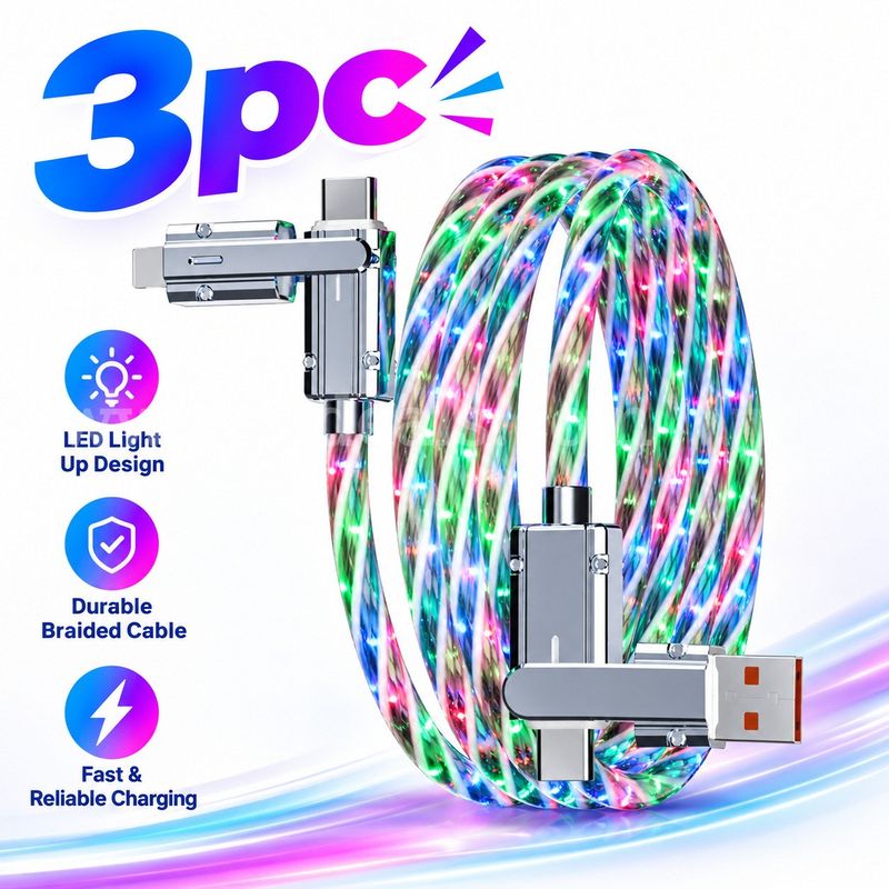 SHIPPING AVAILABLE Lot of 3 New 4-in-1 LED Light Up Fast Charging Cables, 3.3FT RGB Glow Multi USB Cable (AA-05)
