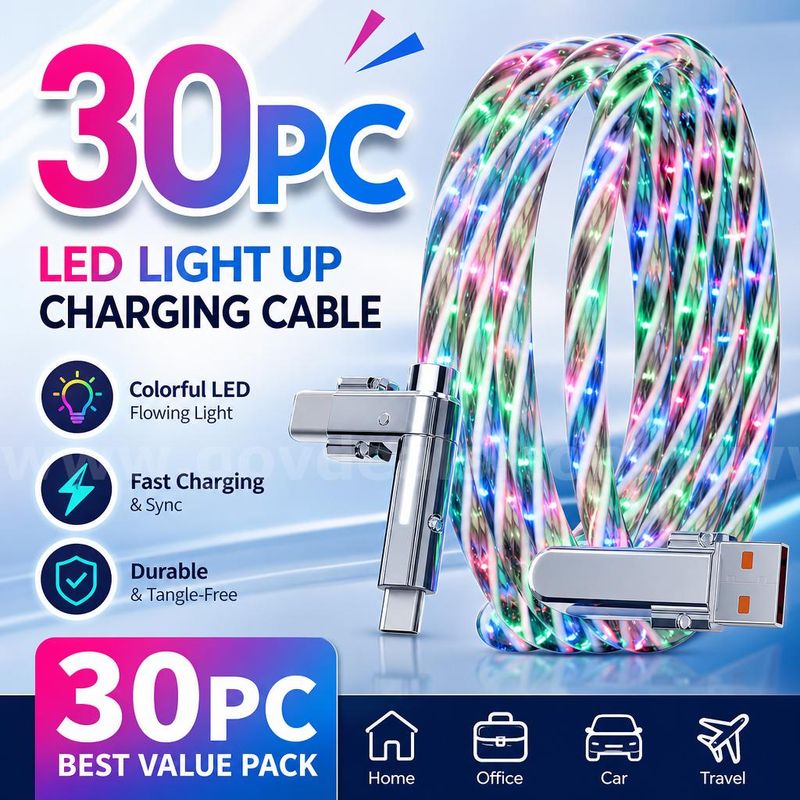 SHIPPING AVAILABLE Lot of 30 New 4-in-1 LED Light Up Fast Charging Cables, 3.3FT RGB Glow Multi USB Cable (AA-05)