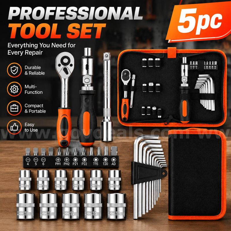 SHIPPING AVAILABLE Lot of 5 New 24-Piece Mechanic Tool Set, Household Hand Tools Kit in Box (AA-01)