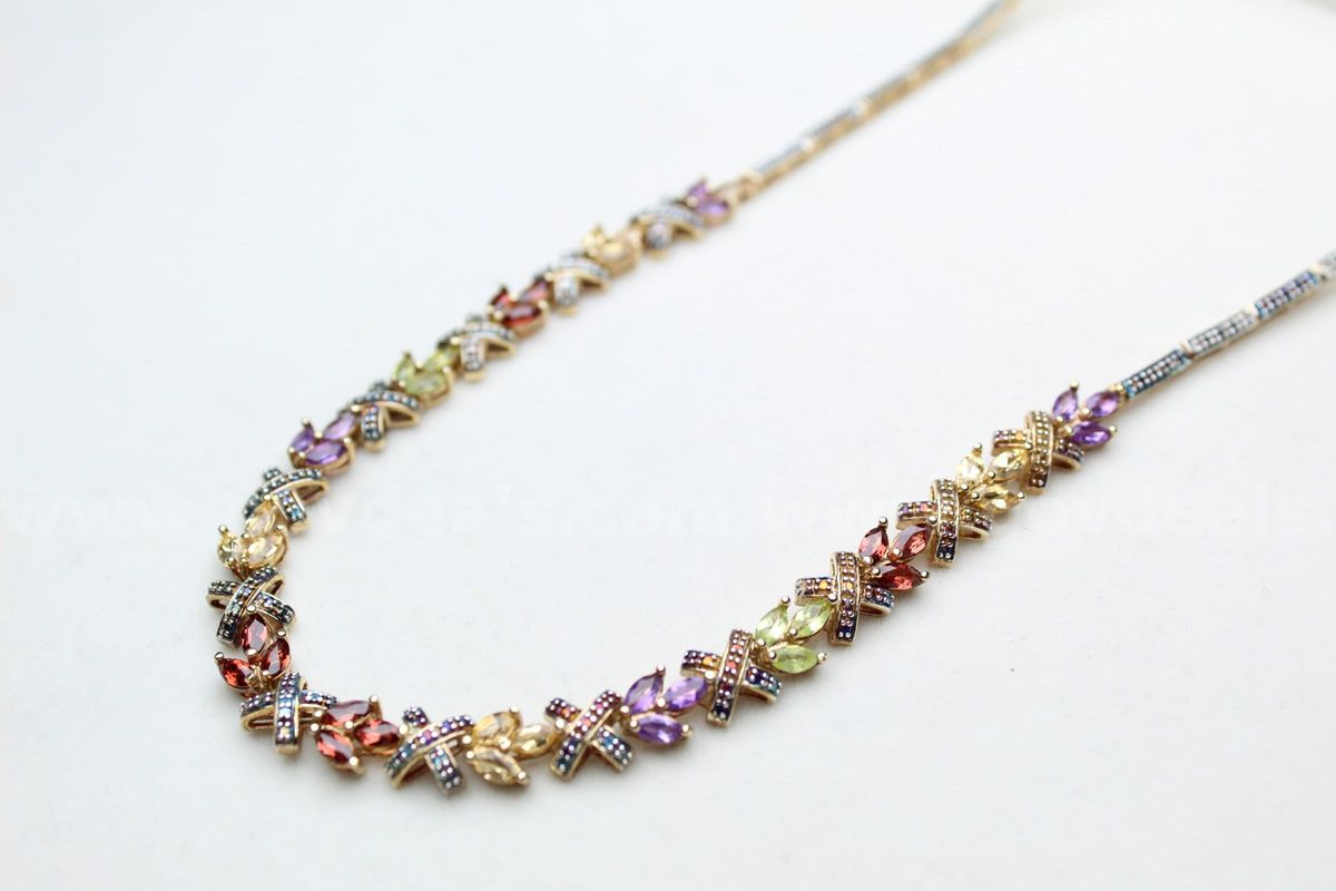 Colorful Vintage Sterling Silver 14K Gold Plated Natural Multi-Gemstone Necklace