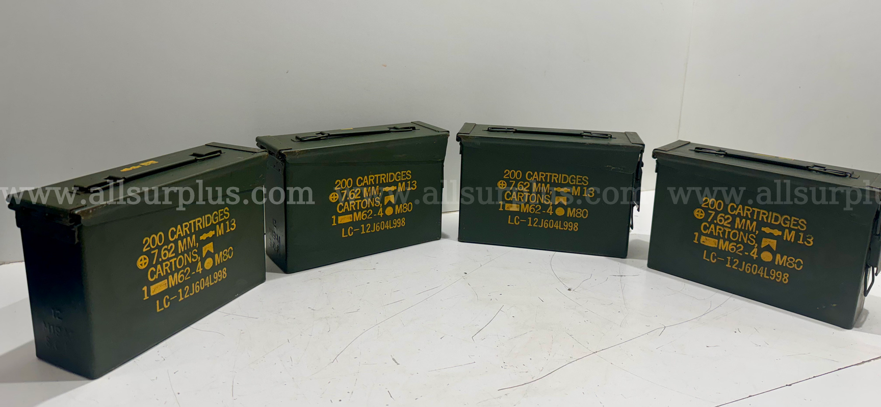 (LOT OF 4) AMMO CANS EMPTY MILITARY METAL AMMO BOX 7.62MM FITS 200 CARTRIDGES