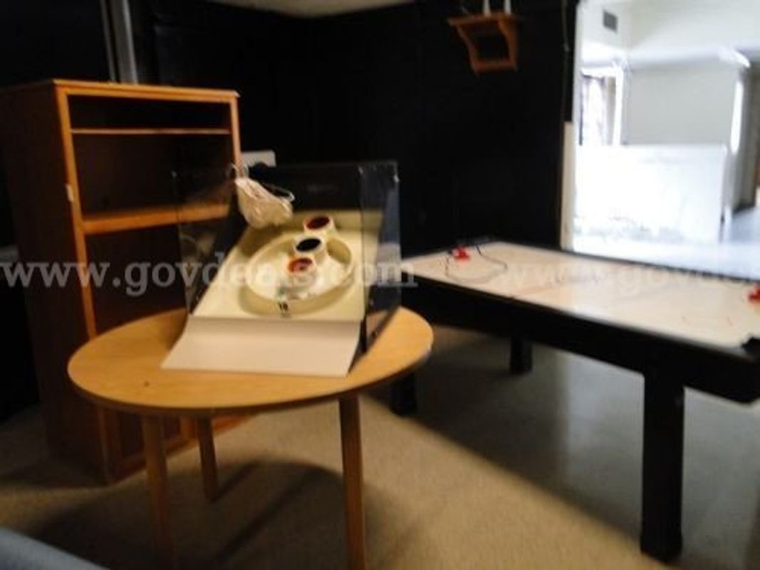 Recreation Equipment Lot Including Air Hockey Table, Ball Toss Game & Storage Cabinet (3 Pieces Total) (PICK-UP ONLY)