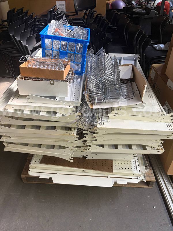 (7) Pallets Containing Retail Shelving System, Peg Board, Slat Wall and Grid Wall Pieces and Accessories