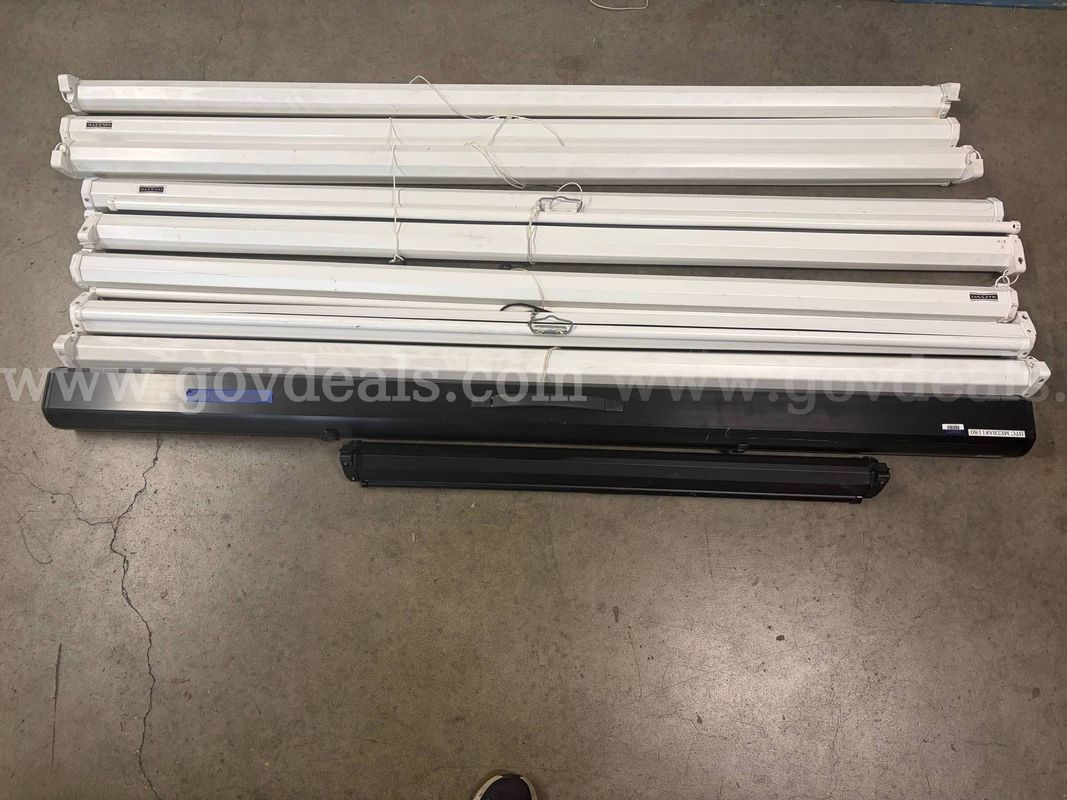 Eight (8) 7' wall/ceiling mount screens. One (1) 7' Portable screen and One (1) 4' blue backdrop