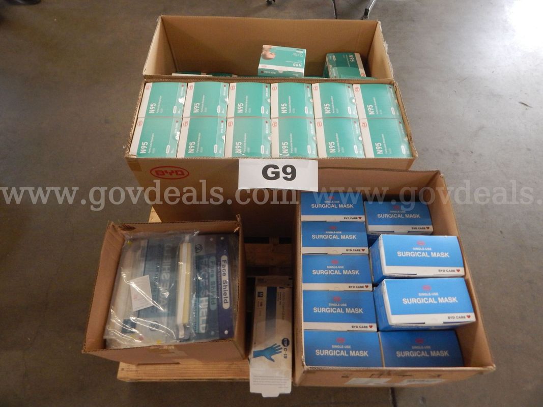 Lot G9 - (2) Cases of Particulate Respirators, (1) Case of Surgical Masks, (1) Case of Face Shields, & more