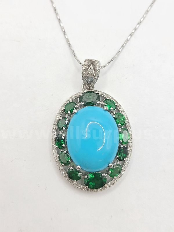 Natural Diamond / Turquoise / Garnet 15.90ctw Pendant Necklace - Stunning!