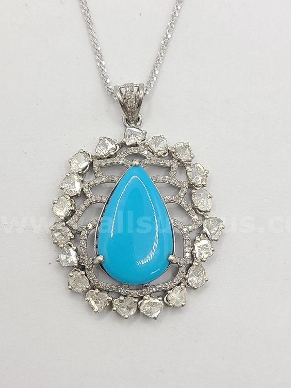 Natural 12.21ctw Turquoise Natural Diamonds Pendant Necklace