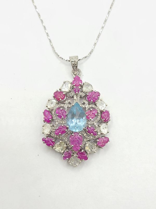 Natural Aquamarine Ruby Diamond Necklace Pendant Beautiful!