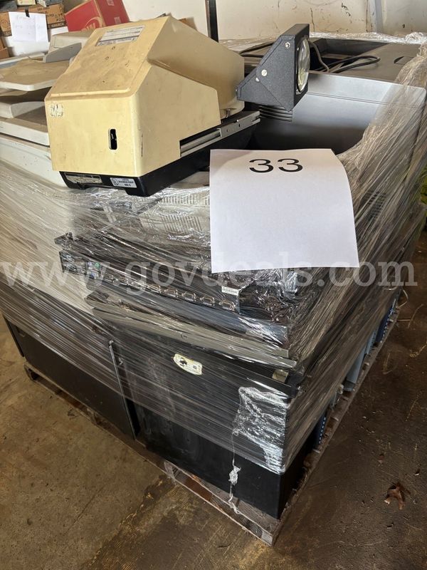 Pallet of Servers, Docking Stations, Recorders, and Video Display Equipment