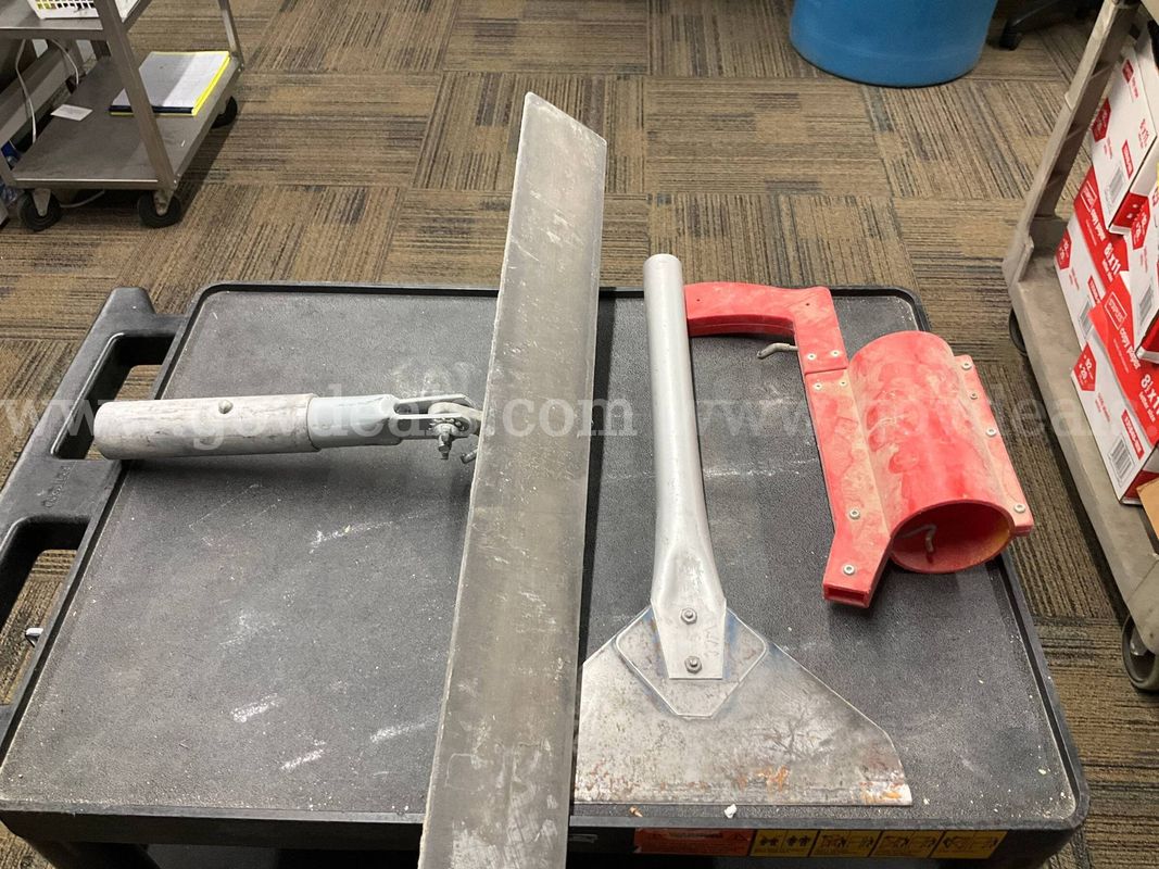 Assorted Construction & Jobsite Tools – Concrete Bull Float, Floor Scraper Head & Marking Paint Wand