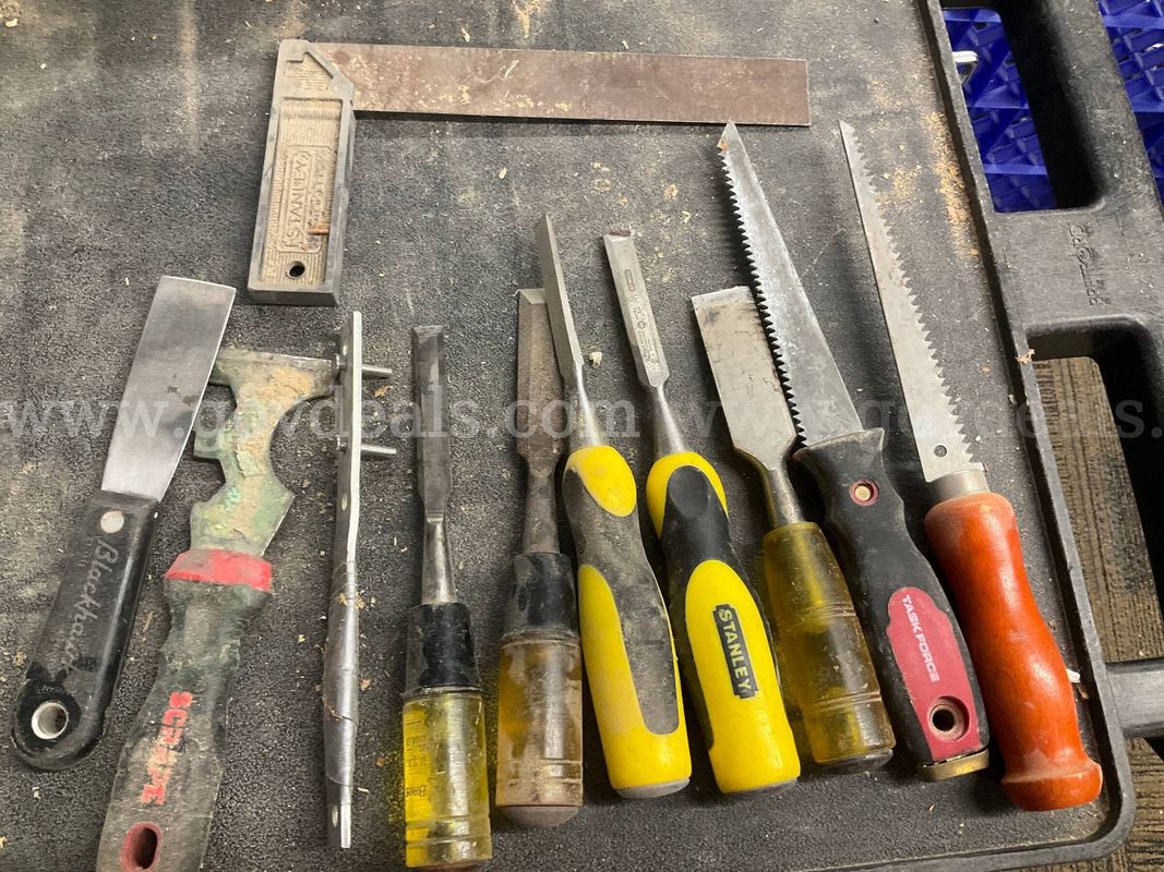 Mixed Hand Tool Lot - Vintage & Modern Chisels, Saws, Scrapers & Square (Stanley, Task Force, Blackhawk)