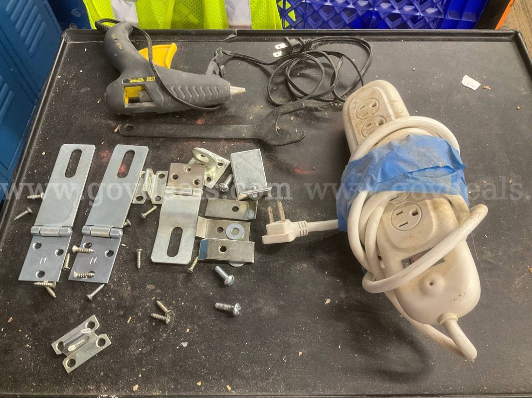 Miscellaneous Tool & Hardware Lot (Stanley Glue Gun, Power Strip, Hardware)