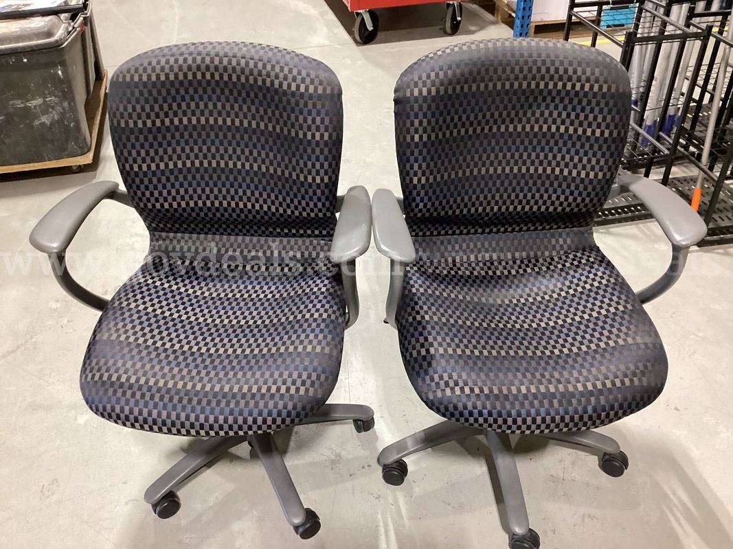 Pair of Haworth Commercial Office Desk Chairs - Blue/Grey Grid Pattern - Swivel / Rolling