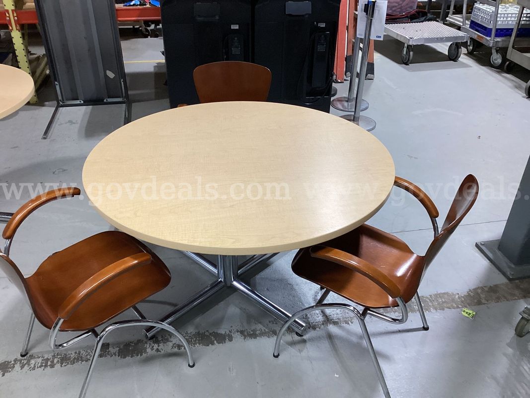 48" Light Maple Round Conference Table w/ Chrome Base & 3 Stackable Armchairs