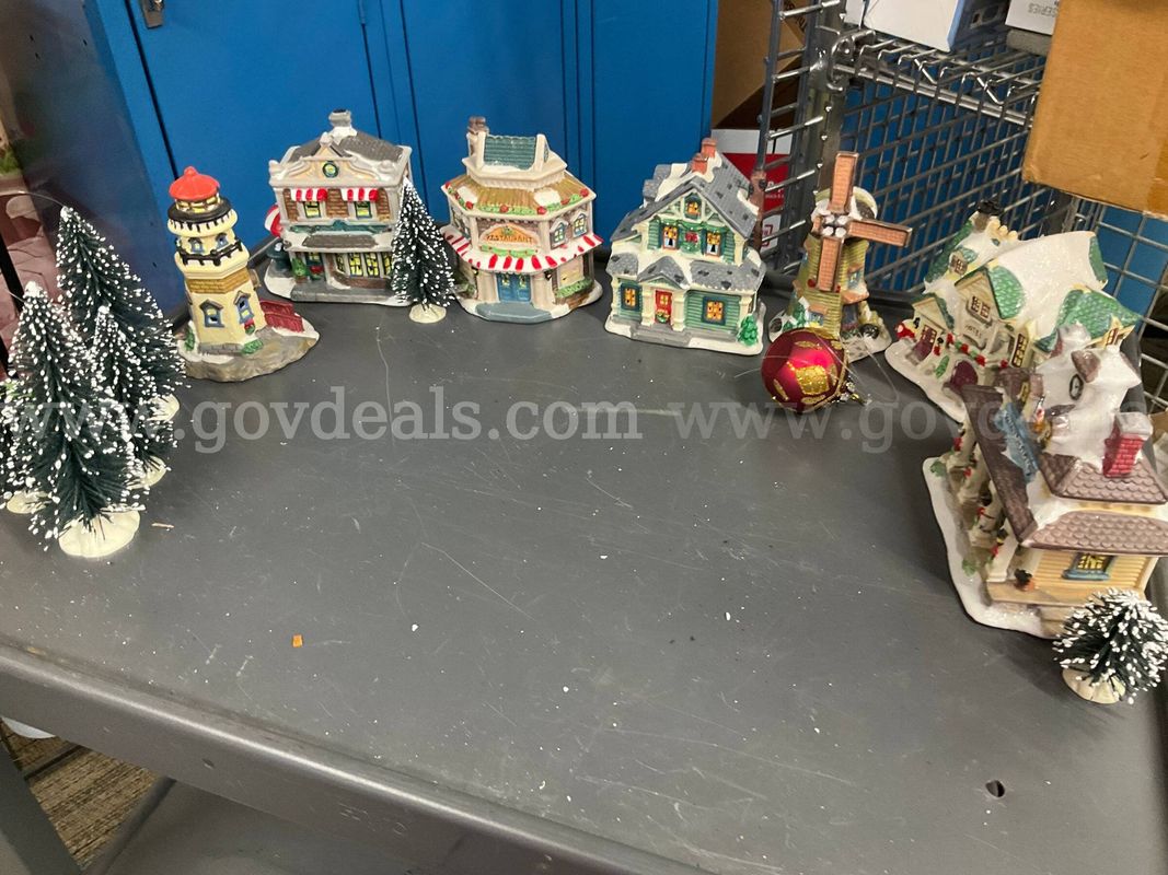 Miniature Christmas Village Set Lot with Holiday Decor & Plush Felt Stockings