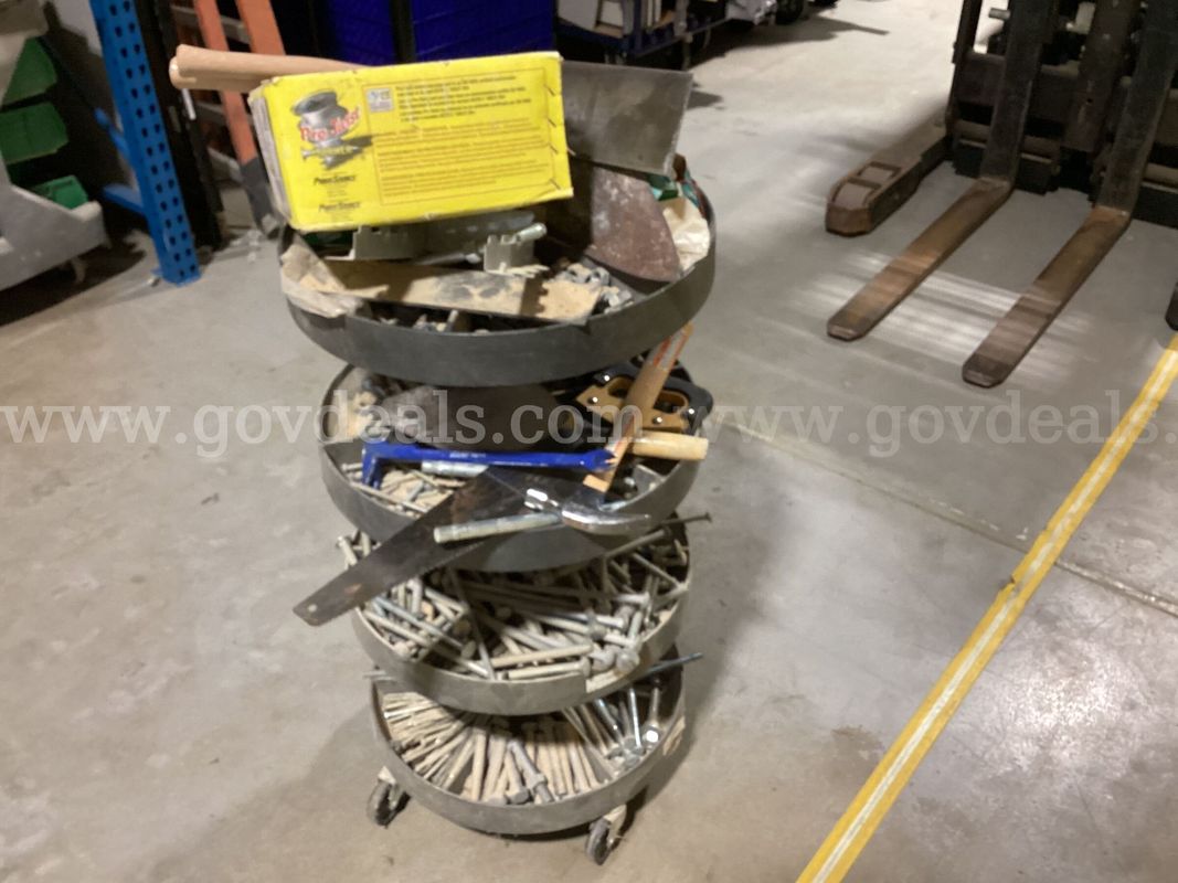 4-Tier Rotating Metal Hardware Bin Cart with Tools, Fasteners & Hardware Assortment