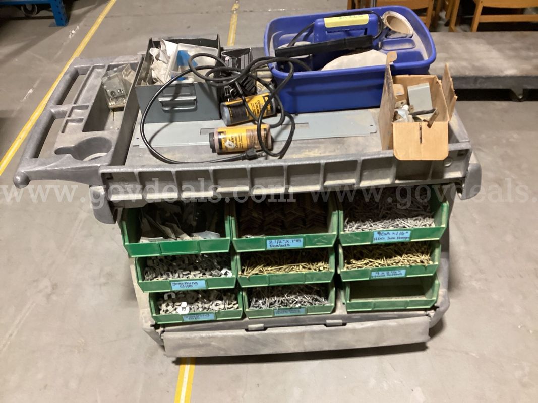 Commercial Rolling Utility Cart w/ Hardware Bins & Tool Caddy (Bent Wheel)