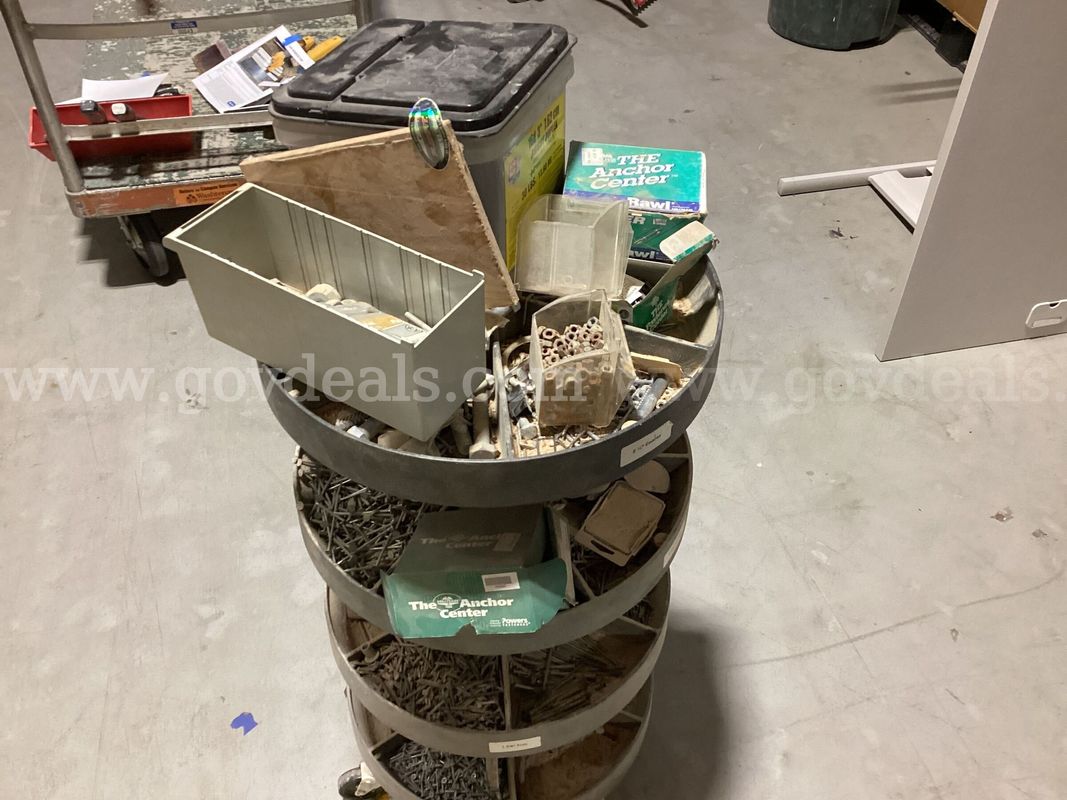 Heavy Duty 4-Tier Rotating Hardware Storage Rack Bin Cart with Mixed Fasteners Lot