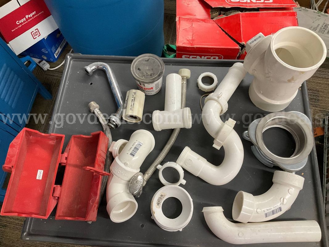 Assorted Plumbing Supply Lot – PVC Fittings, Trap Assembly, Stainless Hoses, Sink Flange & More