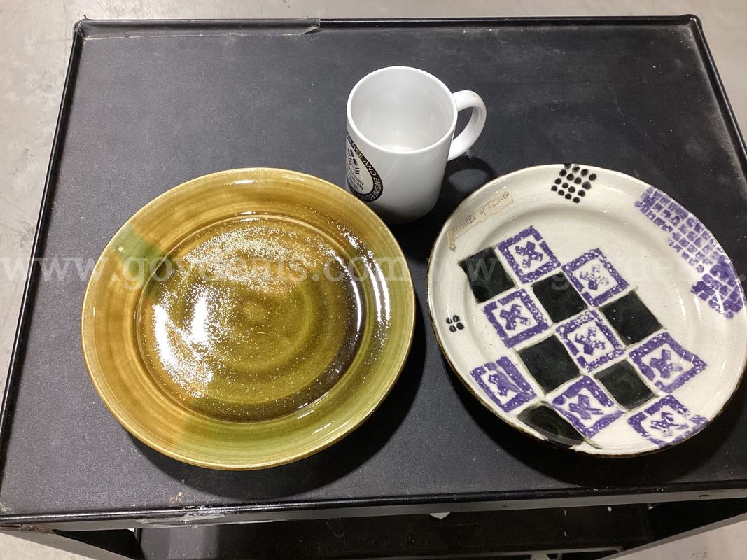 Assorted Ceramicware Lot: 2 Handcrafted Pottery Plates & White Graphic Coffee Mug