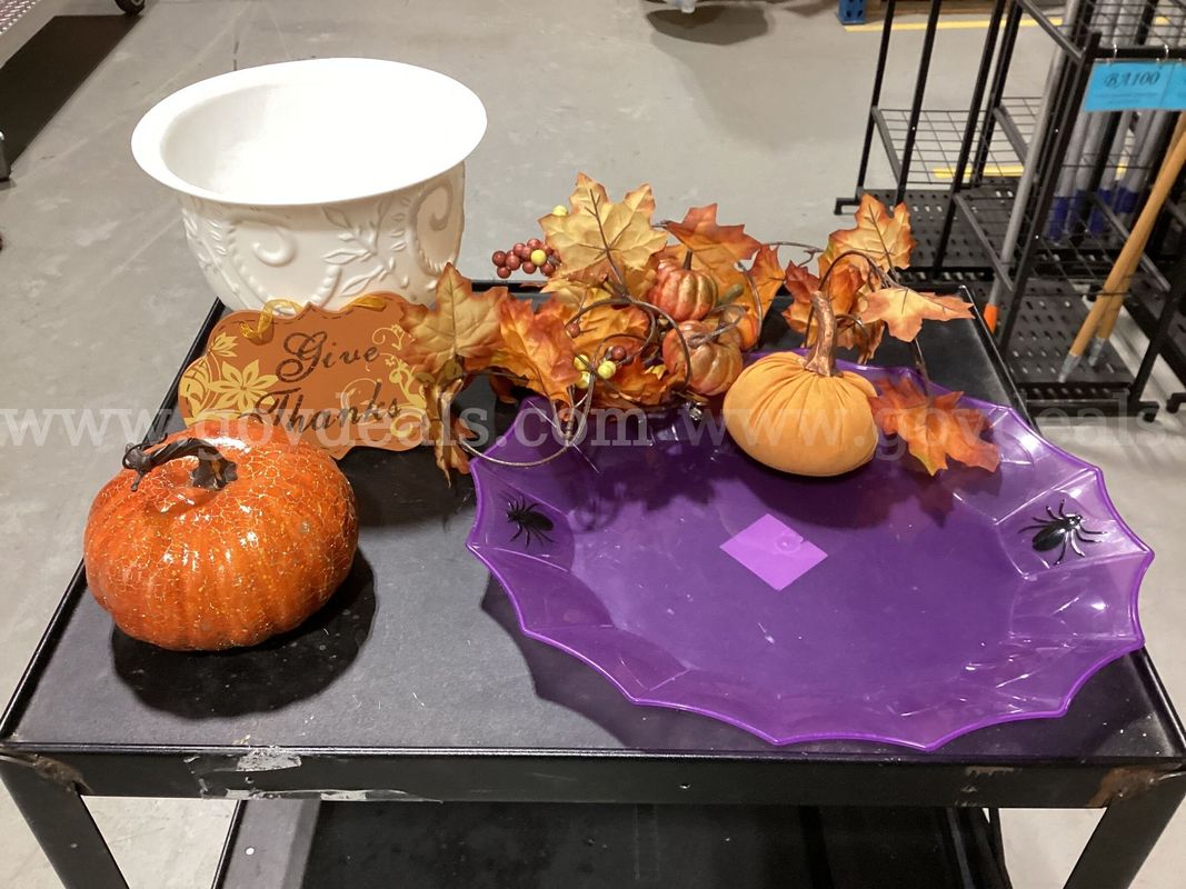 Assorted Fall & Halloween Decor Bundle – Decorative Urn, Spider Tray, Pumpkins & Foliage