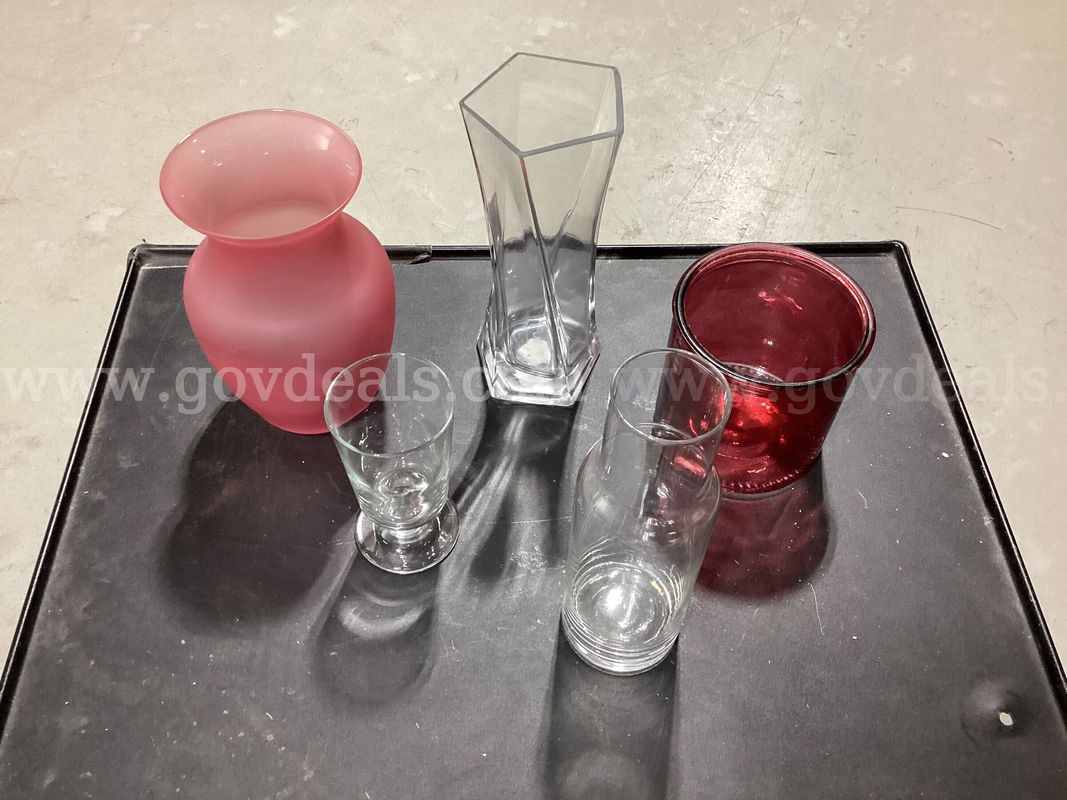 Assorted Glass Vases - Set of 5 (Pink Frosted, Red Glass, Clear Vases)