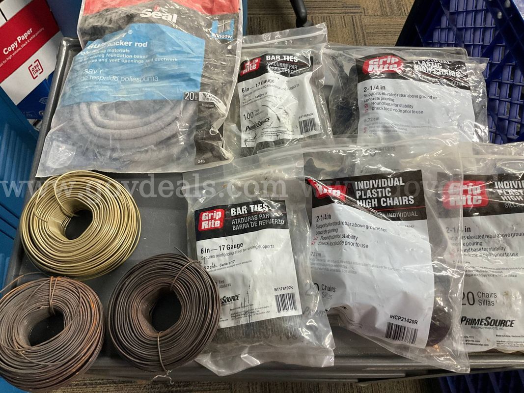 Assorted Construction & Masonry Supplies Lot – Rebar Ties, High Chairs, Backer Rod, Tie Wire