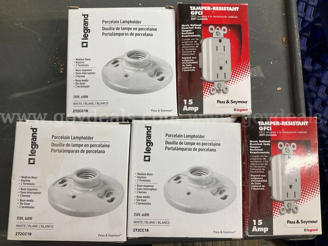 Lot of 5 Legrand Electrical Supplies - (3) Porcelain Lampholders & (2) 15A Tamper-Resistant GFCI Outlets