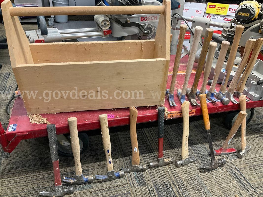 Handcrafted Wooden Tool Tote Caddy with Assorted Hammers Lot
