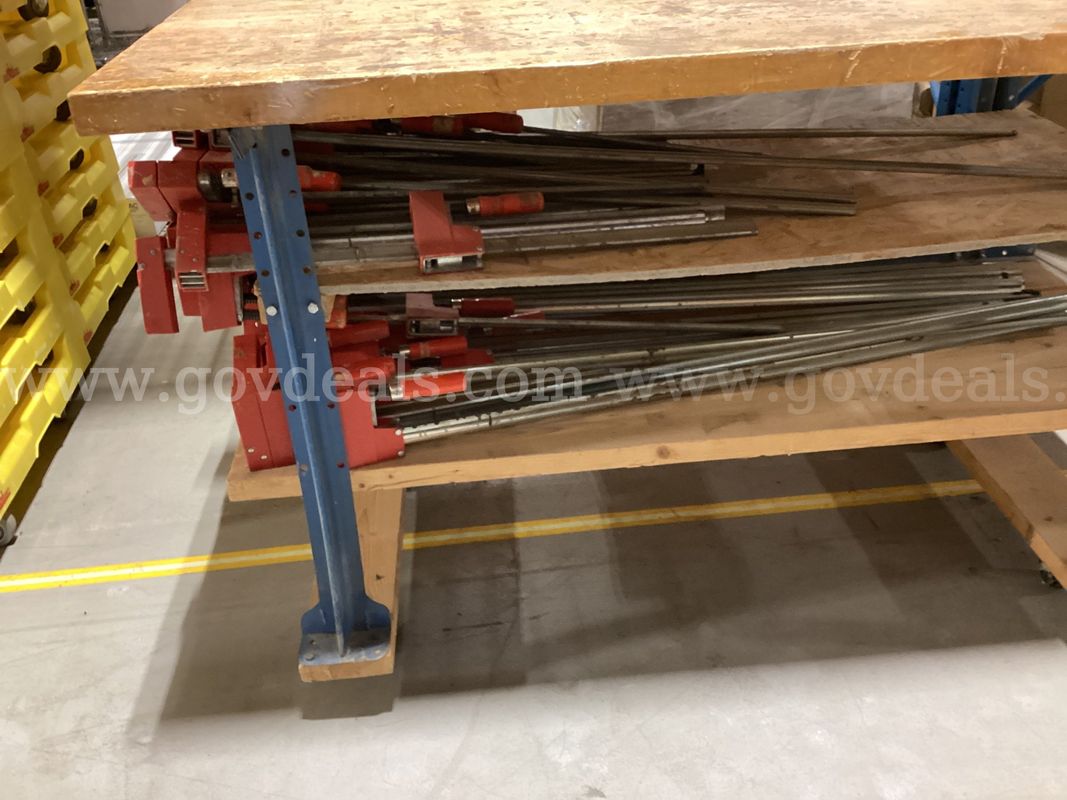 Heavy-Duty Wood Workbench with Lower Storage Shelves & Bulk Lot of Bessey Parallel Bar Clamps