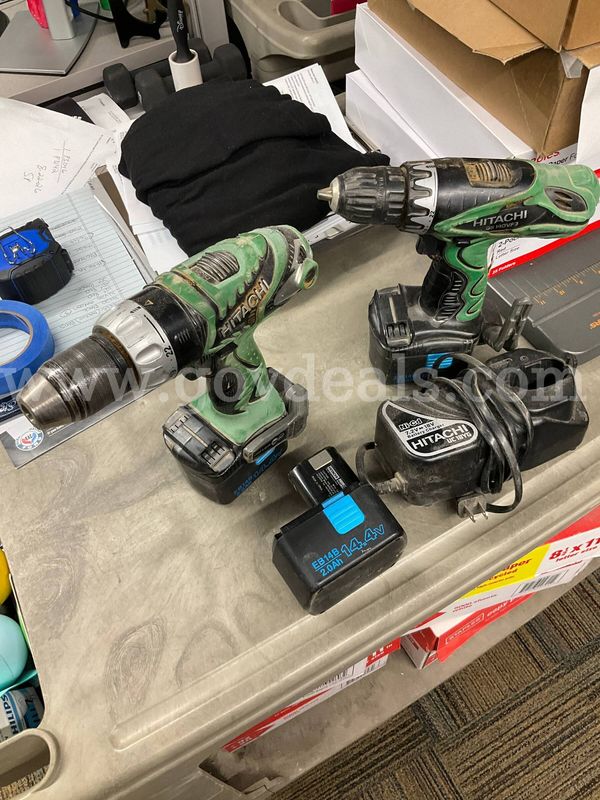 Lot of 2 Hitachi 14.4V Cordless Drills (DS14DMR & DS14DVF3) w/ 3 Batteries & Charger