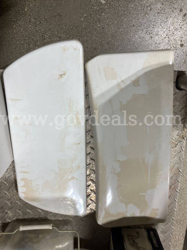 Plumbing Supply Lot – (2) Ceramic Toilet Tank Lids & Bucket of Mixed Fittings/Hardware