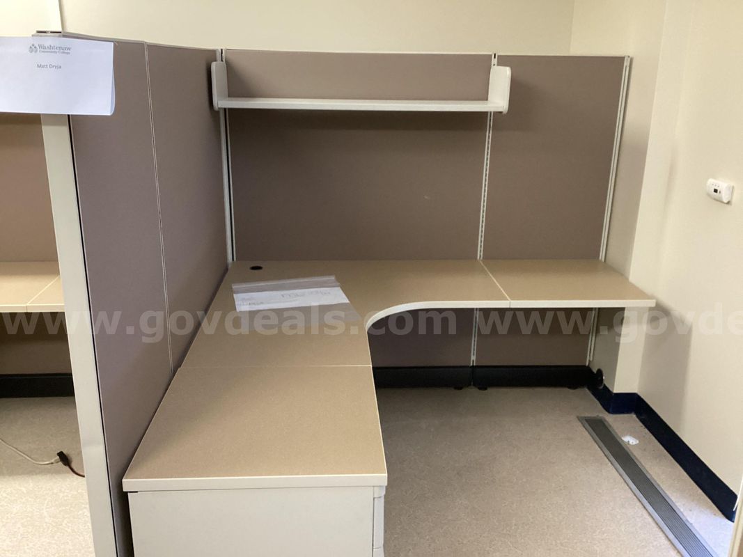 Professional 72" x 72" L-Shaped Office Cubicle Workstation – Tan/White – Includes Pedestal Filing Cabinet & Overhead She