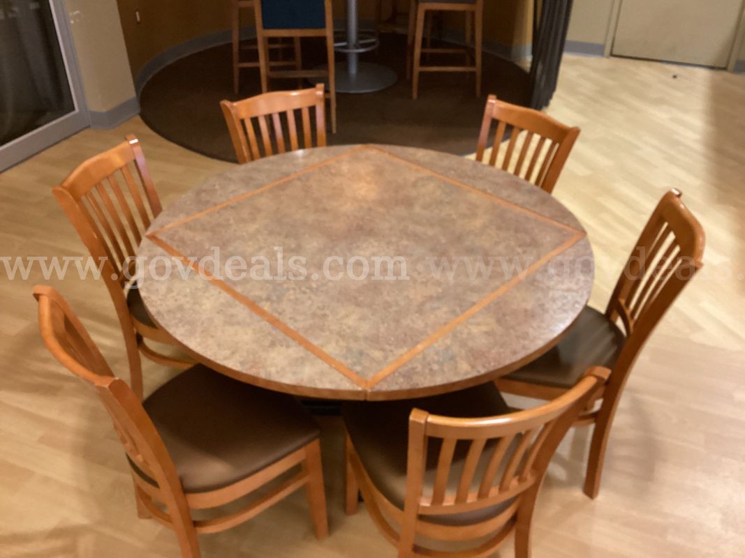 Convertible Drop-Leaf Dining Table (51" Round / 36" Square) with 6 Slat-Back Chairs