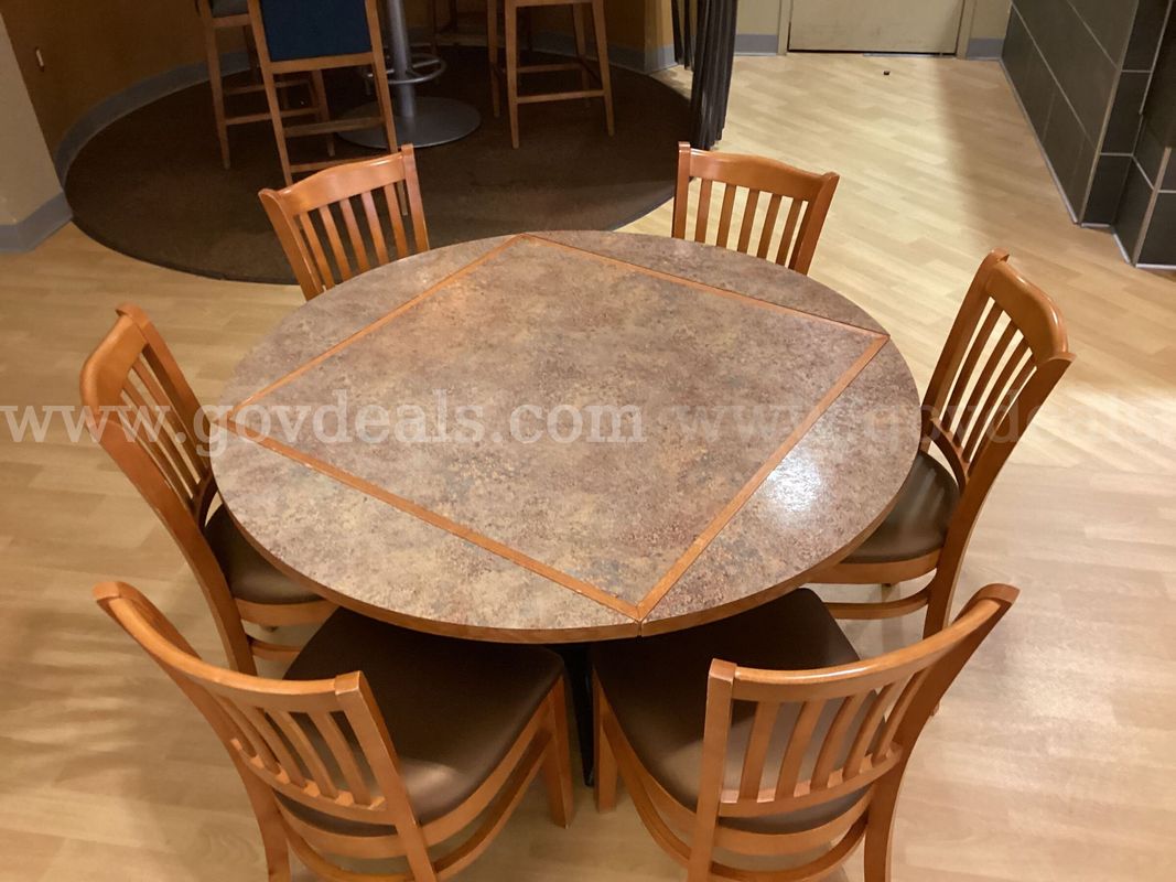 Convertible Drop-Leaf Dining Table (51" Round / 36" Square) with 6 Slat-Back Chairs