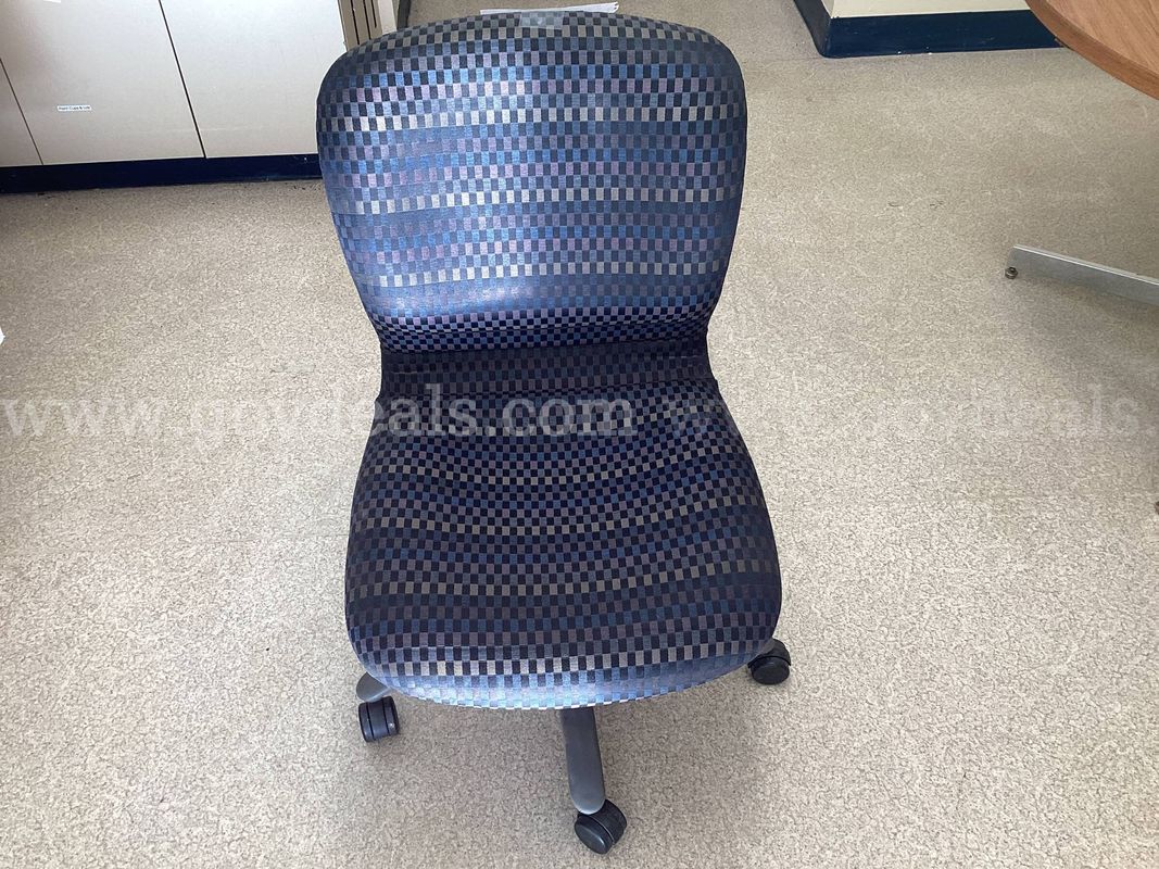 Haworth Armless Office Desk Chair – Blue/Grey Patterned Upholstery