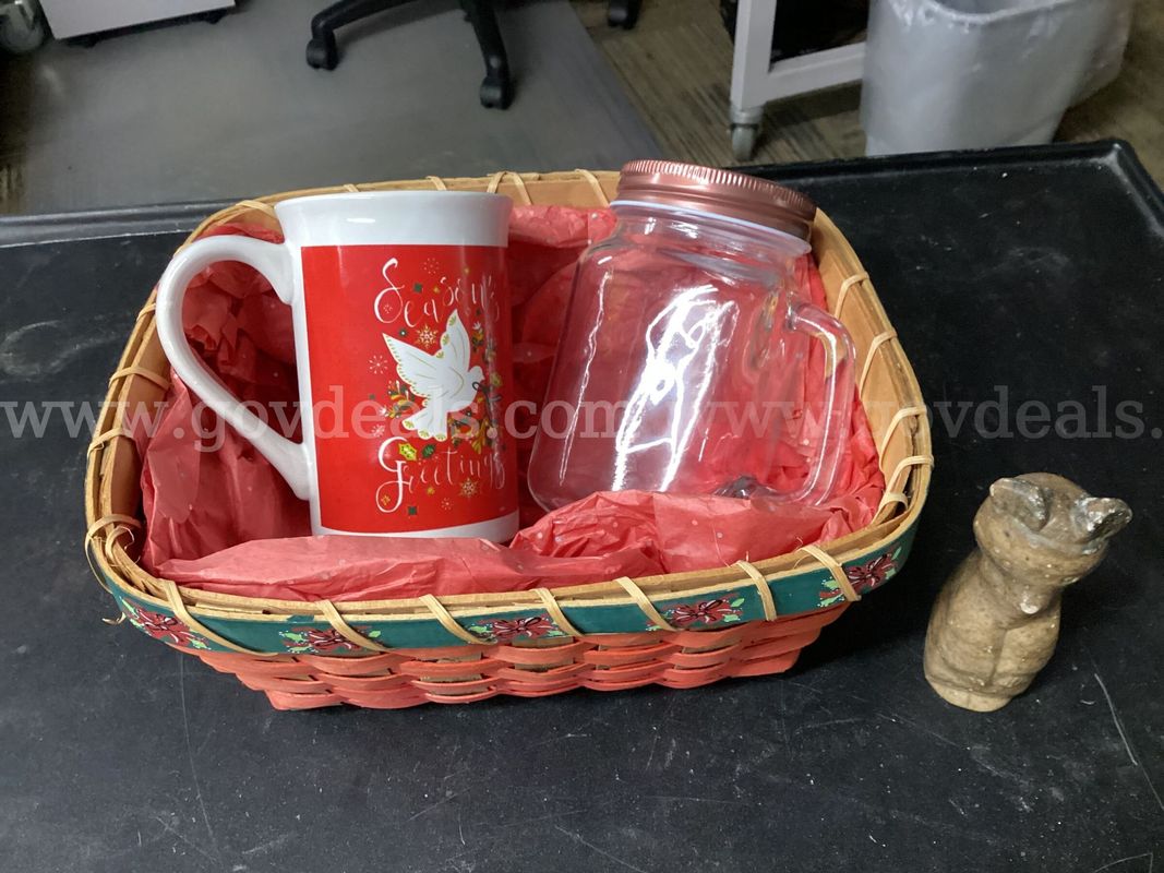 Holiday Gift Set Bundle – Woven Basket, Season’s Greetings Ceramic Mug, Glass Mason Mug with Lid, and Small Ceramic Bear
