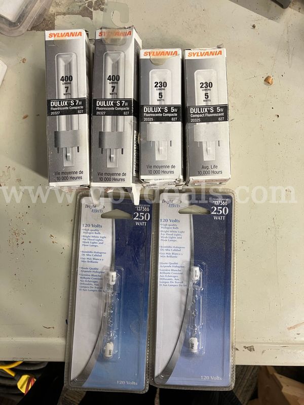 Mixed Lot of Light Bulbs: Sylvania Dulux CFL (7W & 5W) & Bright Effects Halogen (250W) - New