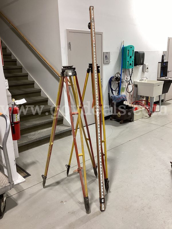 Vintage K&E (Keuffel & Esser) Surveying Set – 2 Wooden Tripods & Philadelphia Leveling Rod