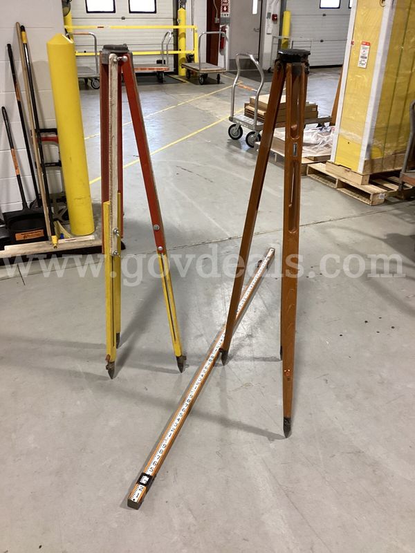 Lot of 2 Vintage K&E Wooden Surveying Tripods with K&E Philadelphia Type C Level Rod