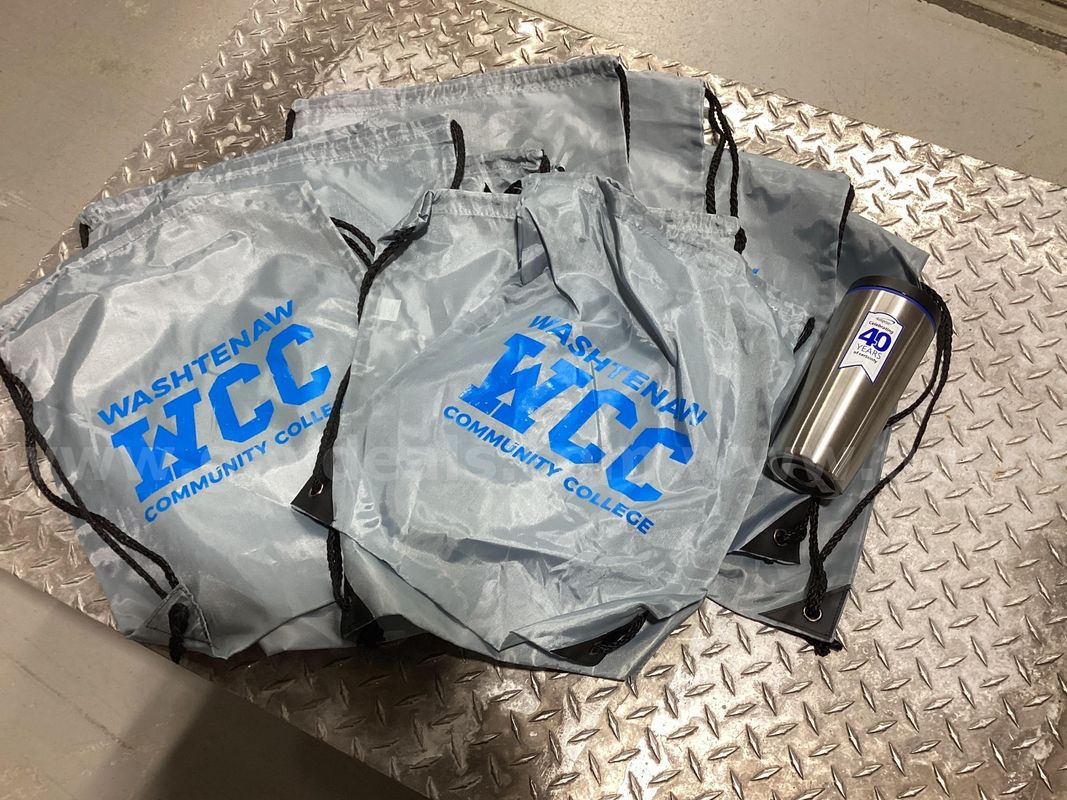 Lot of WCC Washtenaw Community College Drawstring Backpacks + Travel Mug