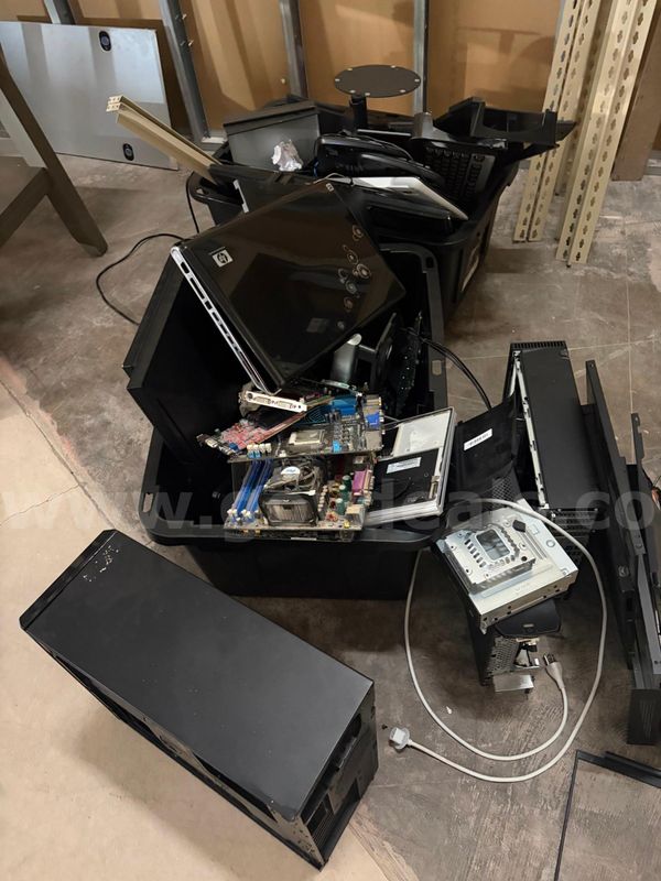 Lot of monitors computer parts various electronics and wires