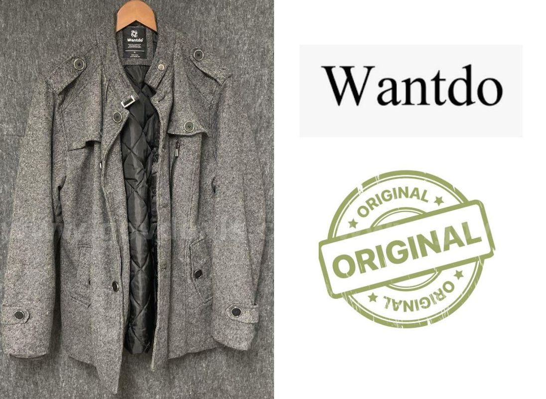 Original Wantdo Men's Wool Blend Jacket Gray Herringbone Quilted Lined Pea Coat XL
